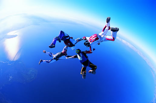 A group of four people on a tandem skydive