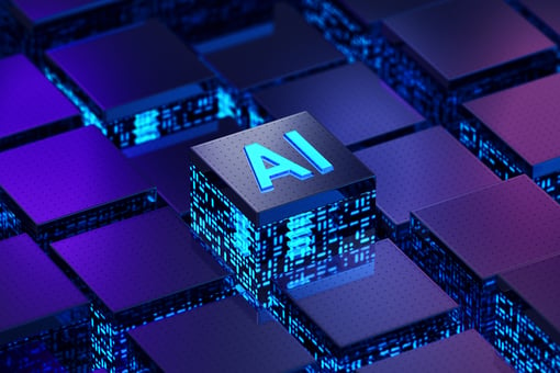 A digital rendering of computer chips, with one labelled AI