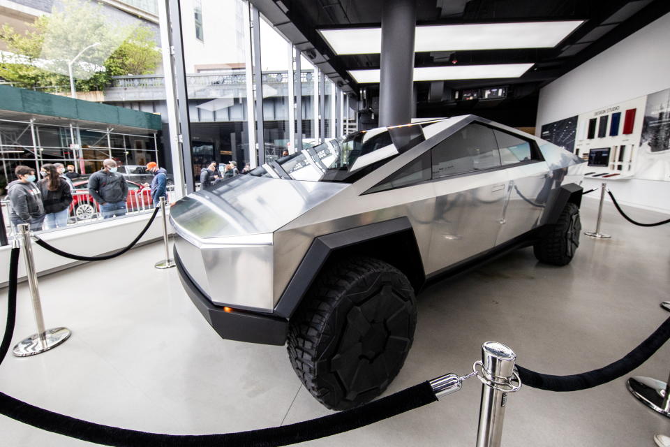 Tesla&#39;s Cybertruck is displayed at Manhattan&#39;s Meatpacking District in New York City, U.S., May 8, 2021.