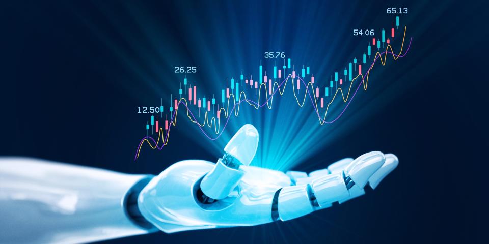 Robot showing stock market financial growth chart