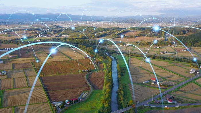 An aerial view of farmland with a network of digital arcs.