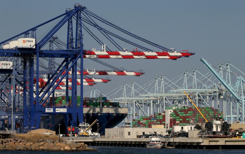 LONG BEACH, CALIF. - JUNE 2, 2023. Container ships wait to be unloaded in the Port of Los Angeles after Southern California dockworkers disrupted cargo activity Friday, June 2, 2023, at both local ports - major entry points for the country's imports - after contract talks deteriorated in recent days. (Luis Sinco / Los Angeles Times)