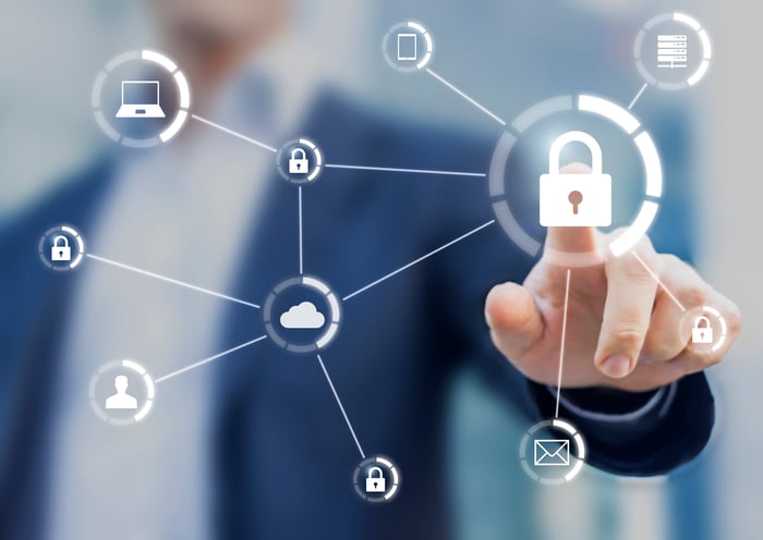 A person touching a digital icon of a padlock.