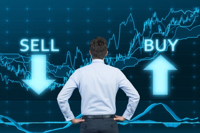 An investor standing in front of buy and sells signals. 