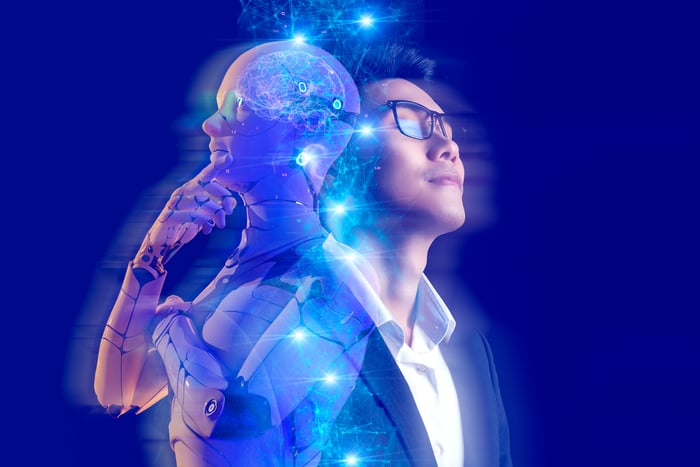 A rendering of a person with an artificial intelligence body looking up and posing in a way that indicates deep thinking. 