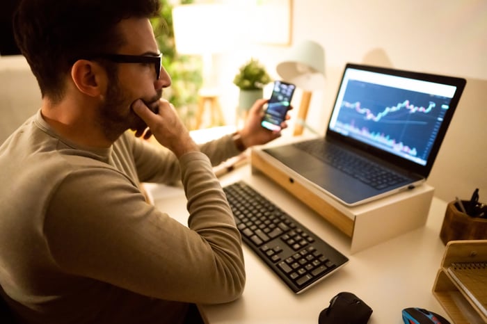 Investor looking at charts on smartphone and laptop.