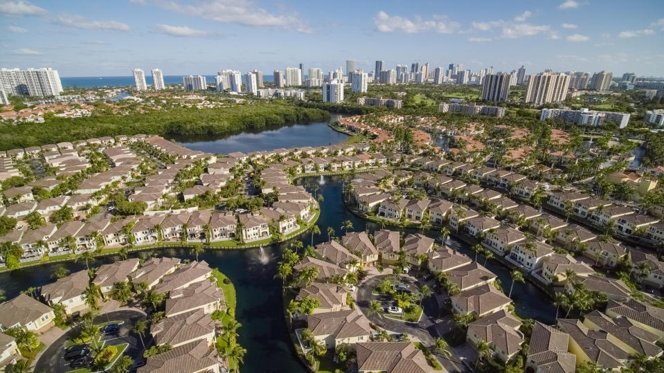 Distant view of Sunny Isle Beach from Aventura, Miami, Florida, in a sunny day.