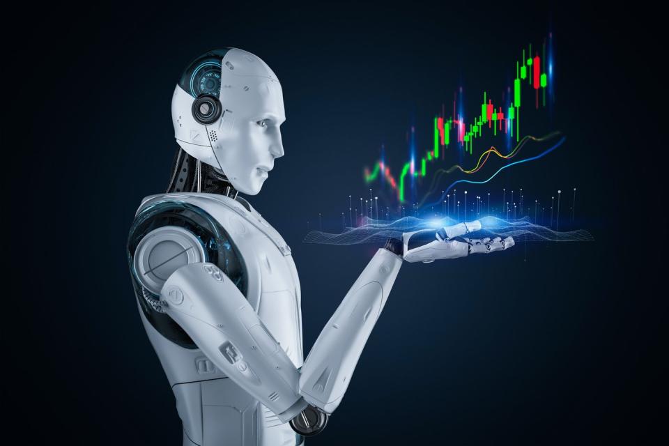 A hologram of a rising stock chart coming from the right hand of an artificial intelligence-driven robot.