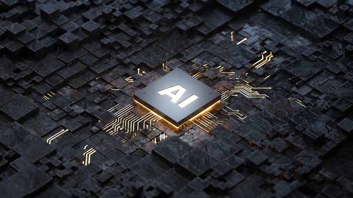 An AI chip in the middle of a circuit board.