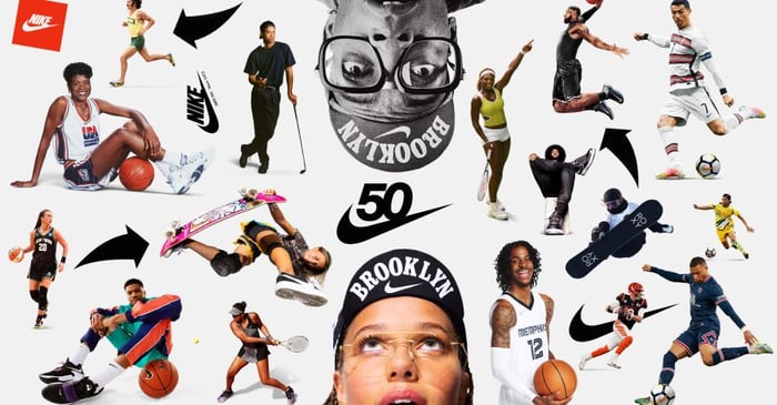 A 50th anniversary Nike poster with several athletes playing different sports.